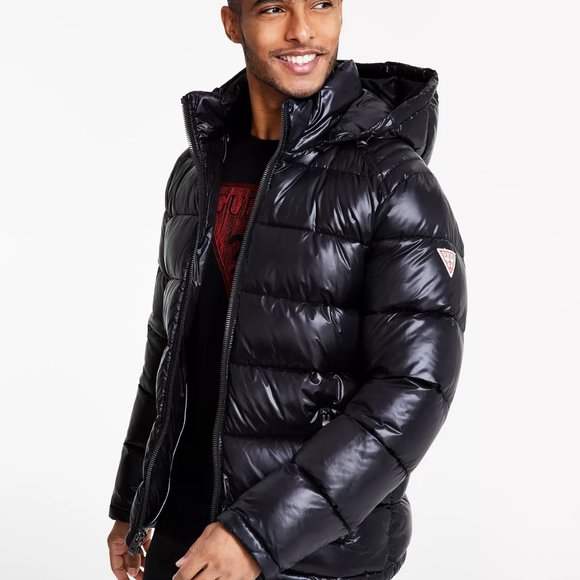 Guess Men's Black Hooded Full-Zip Puffer Coat Jacket Size L - Picture 1 of 4